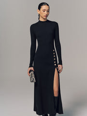 Side Button Slit Rib-Knit Maxi Dress