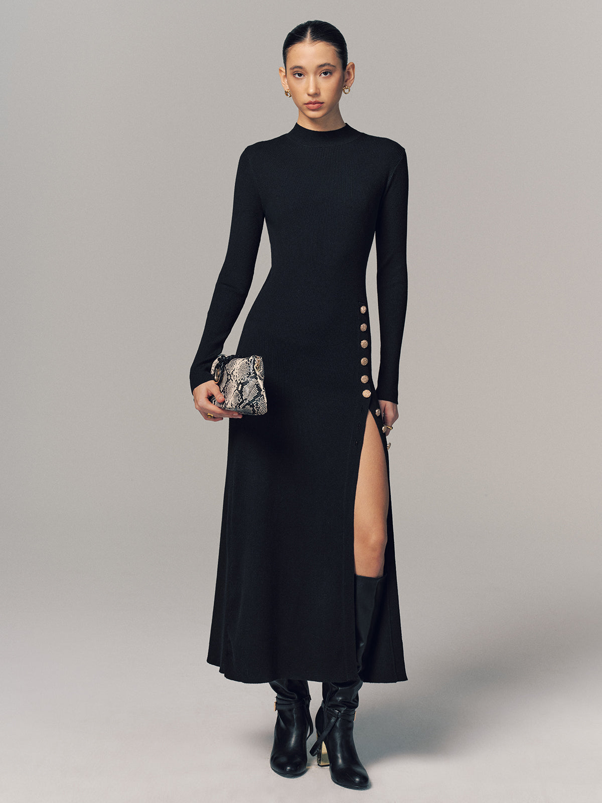 Side Button Slit Rib-Knit Maxi Dress