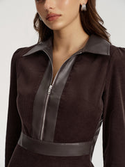 Faux Leather Panel Corduroy Midi Dress
