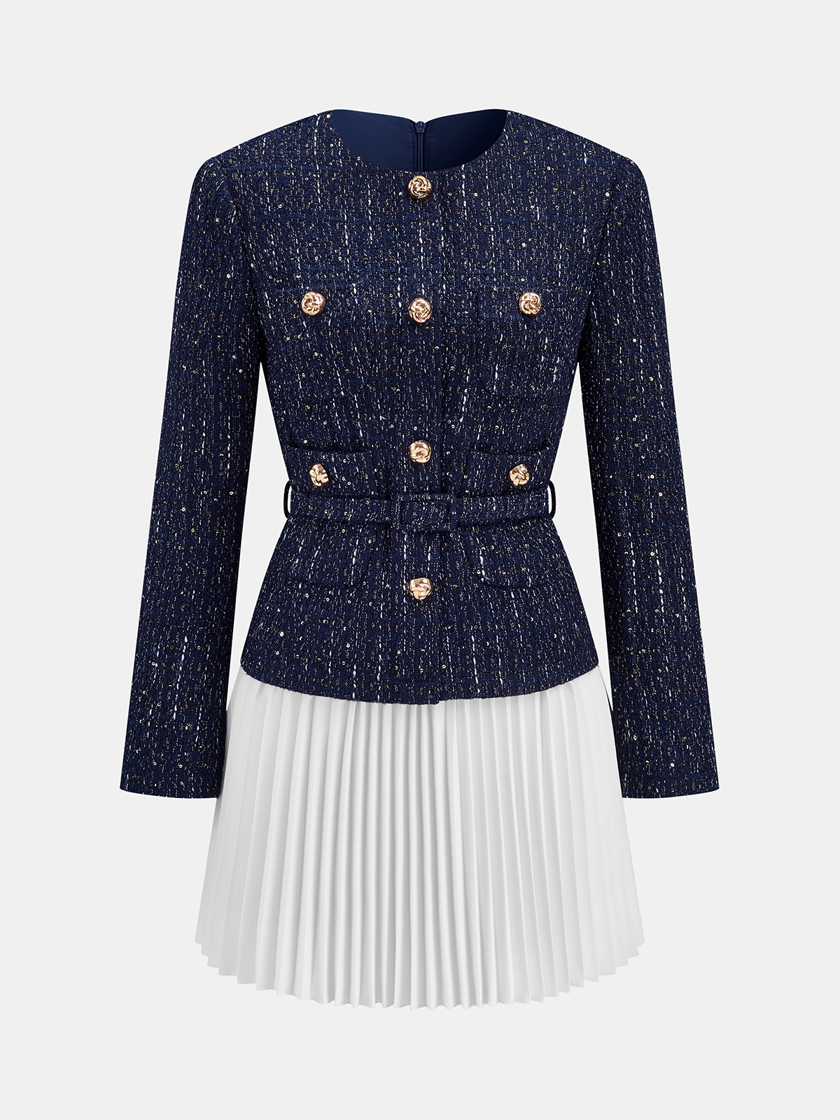 Pleated Hem Panel Tweed Belted Mini Dress