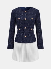 Pleated Hem Panel Tweed Belted Mini Dress