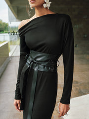 Off-Shoulder Waist Cincher Slit Maxi Dress