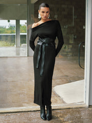 Off-Shoulder Waist Cincher Slit Maxi Dress