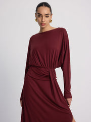 Long Sleeve Ruched Slit Maxi Dress