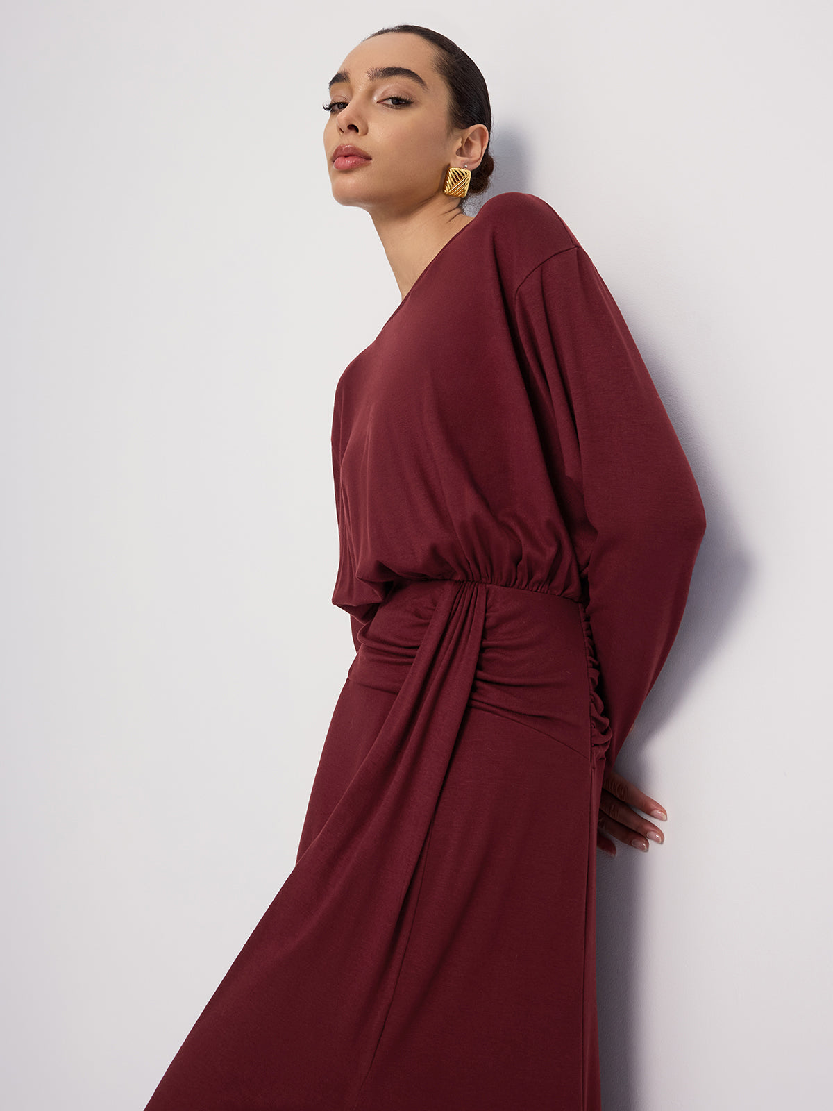 Long Sleeve Ruched Slit Maxi Dress