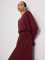 Long Sleeve Ruched Slit Maxi Dress
