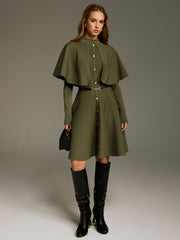 Capelet-Style Button-Front Belted Midi Dress