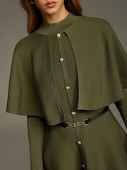 Capelet-Style Button-Front Belted Midi Dress