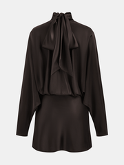 Draped Satin Tie-Neck Mini Dress