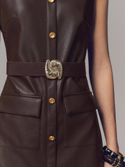 Belted Metal Button Faux Leather Sleeveless Maxi Dress