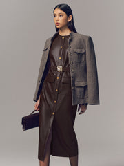 Belted Metal Button Faux Leather Sleeveless Maxi Dress
