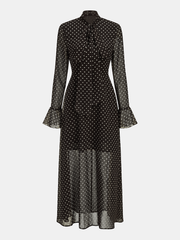 Polka Dot Chiffon Tie-Neck Flared Cuff Maxi Dress