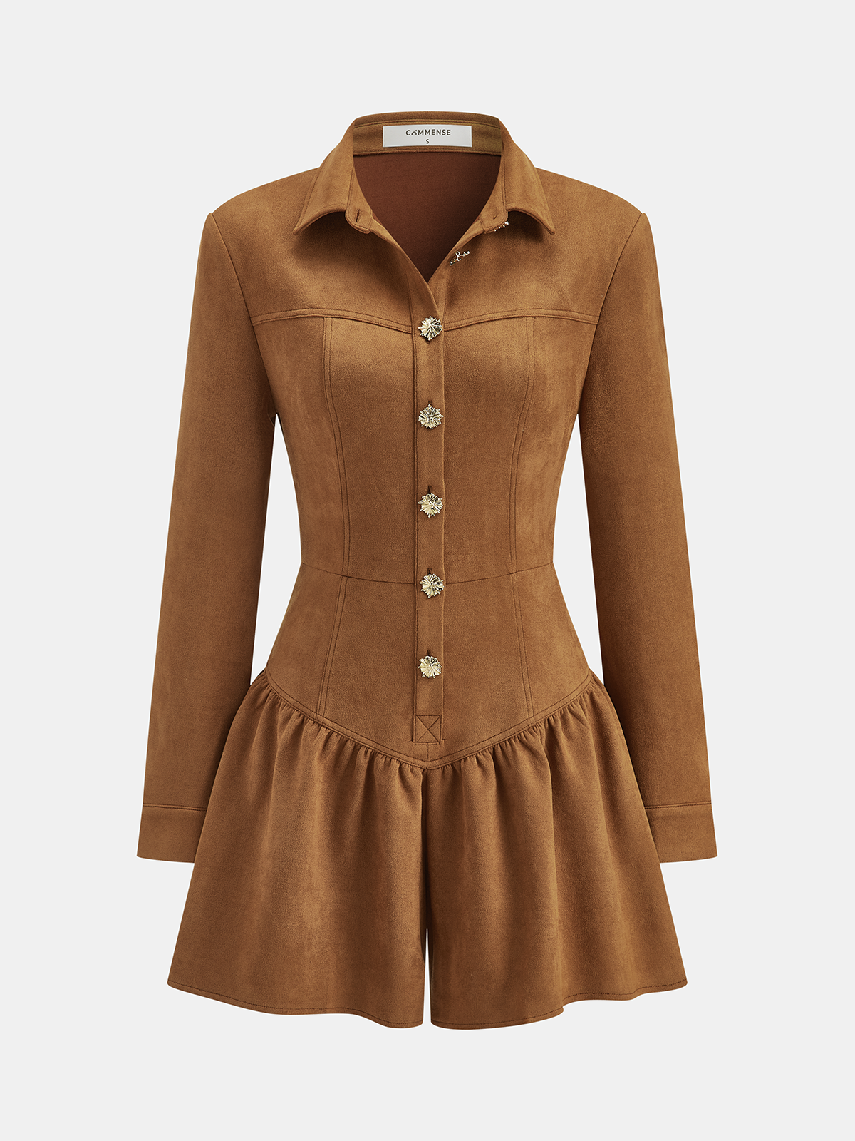 Suede Long-Sleeve Button-Front Jumpsuit