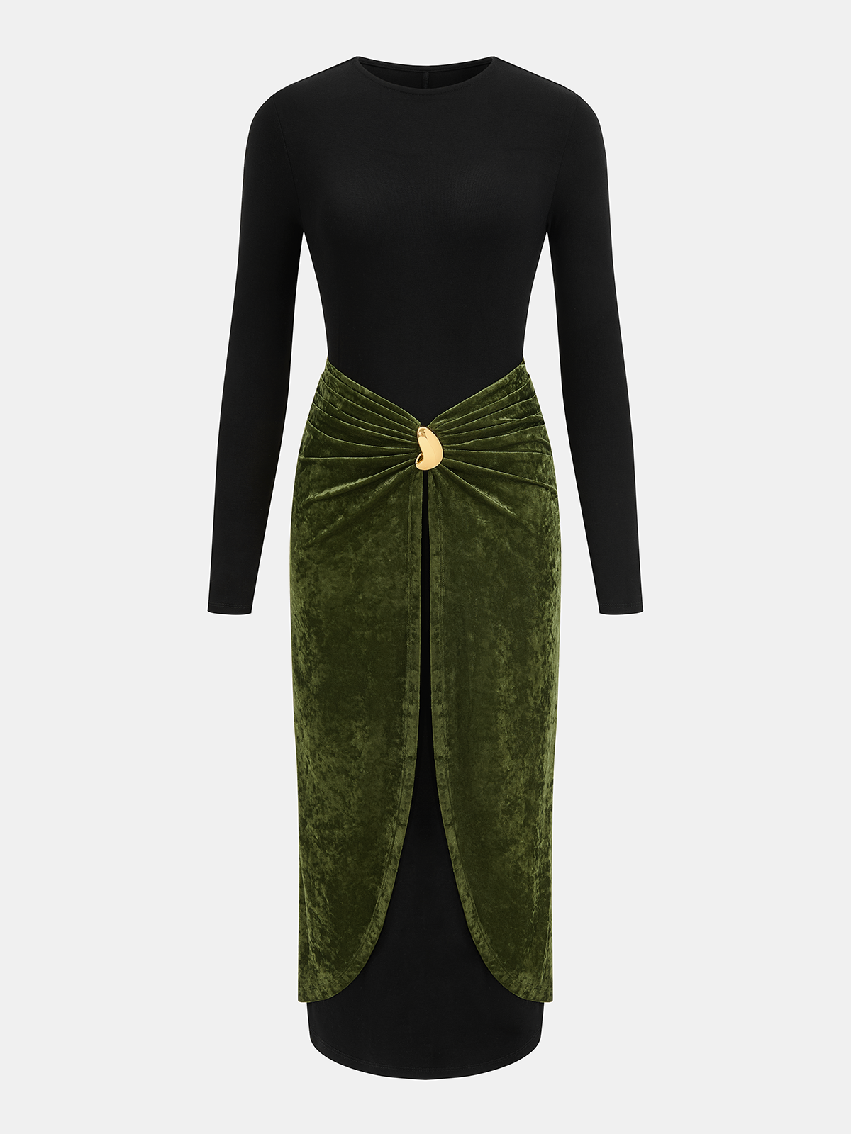 Metal Detail Color-Block Velvet Panel Dress