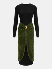 Metal Detail Color-Block Velvet Panel Dress