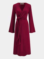 Knot-Waist Bell Sleeve Wrap Midi Dress