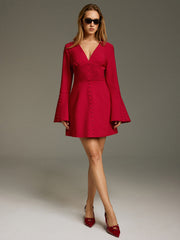 Deep V Ruched Bell-Sleeve Mini Dress