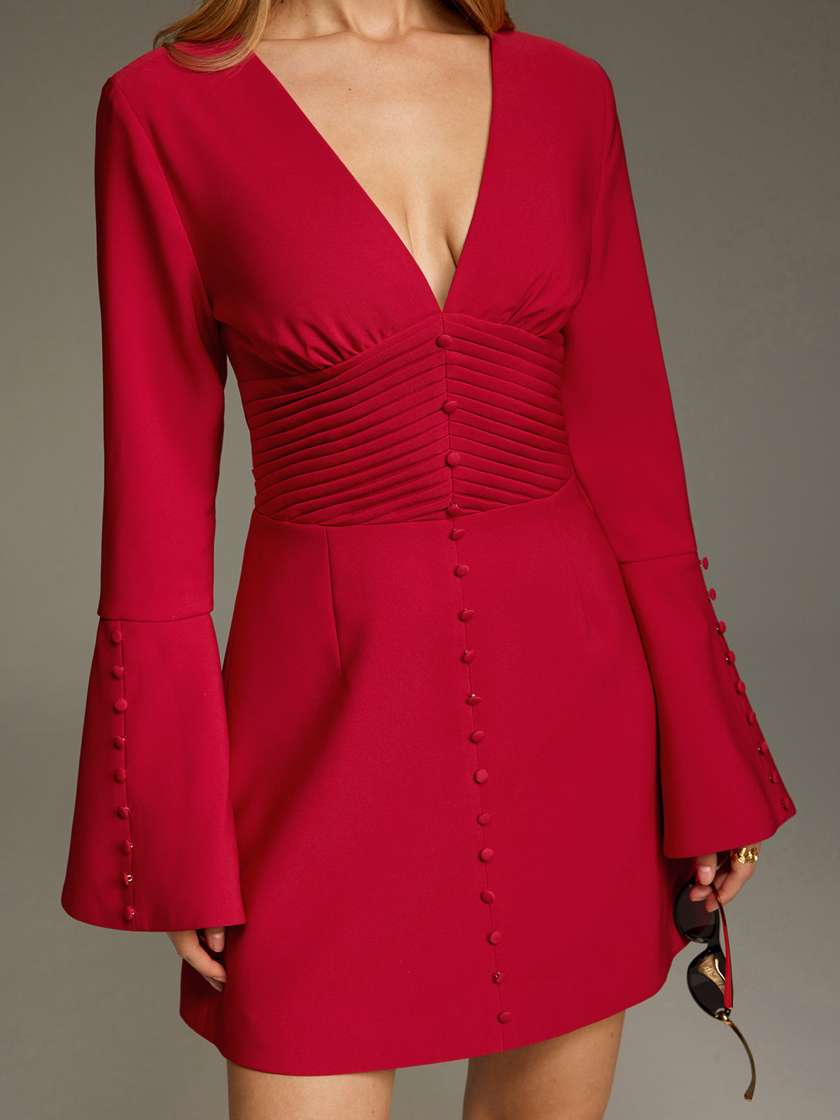 Deep V Ruched Bell-Sleeve Mini Dress