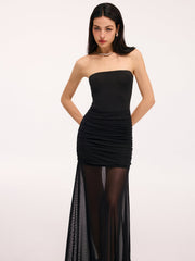 Mesh Panel Strapless Ruched Maxi Dress
