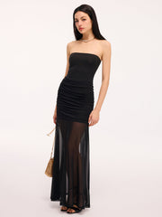 Mesh Panel Strapless Ruched Maxi Dress