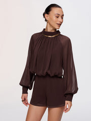 Semi-Sheer Chiffon Lantern Sleeve Romper