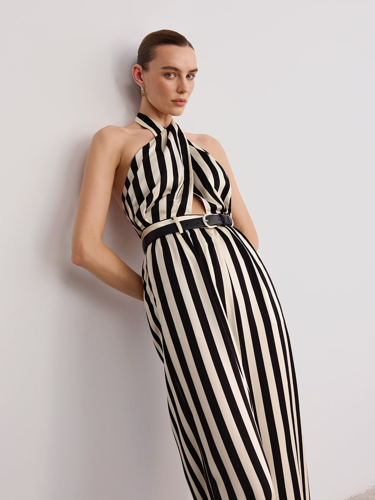 Halter Striped Belted Jumpsuit