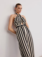 Halter Striped Belted Jumpsuit