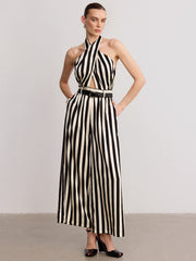 Halter Striped Belted Jumpsuit