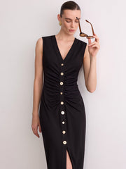 Sleeveless V-Neck Ruched Button-Front Midi Dress
