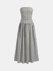 Striped Strapless Cotton Linen Ruched Dress
