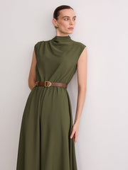 Sleeveless Mock Neck Belted Maxi Dress
