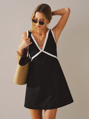 Oversize Contrast Trim Linen-Blend Mini Dress