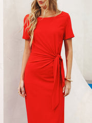 Short Sleeve Knot-Waist Midi Dress