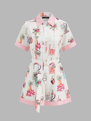 Cotton Linen Tropical Print Belted Romper