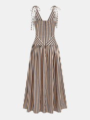 Striped Tie Shoulder V Neck Maxi Dress