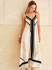 Satin Geometric Stripe Cami Maxi Dress