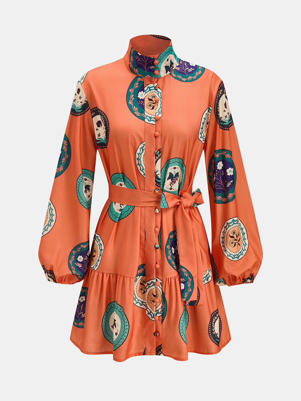 Printed Belted Cotton Linen Long Sleeve Mini Dress