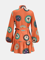 Printed Belted Cotton Linen Long Sleeve Mini Dress