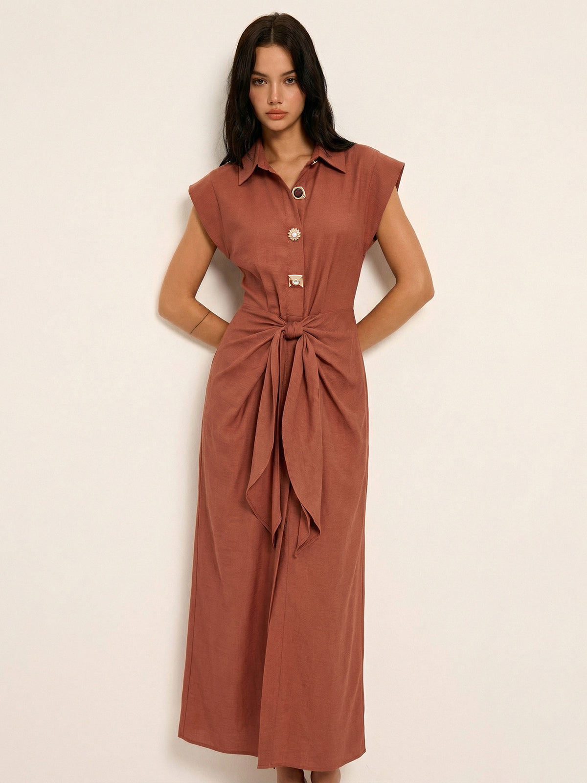 Tie Waist Collared Sleeveless Maxi Dress