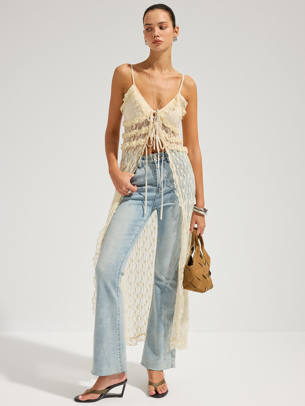 Ruffle Lace Sheer Cami Midi Dress