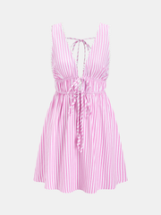 Striped Backless Lace Trim Mini Dress
