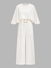 Cape-Sleeve Belted Wide-Leg Jumpsuit