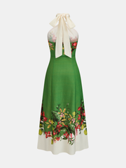 Tie Halter Fruit Floral Print Midi Dress
