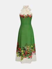 Tie Halter Fruit Floral Print Midi Dress