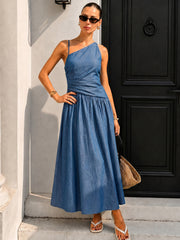 Faux Denim Asymmetrical Cami Maxi Dress