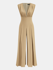 Deep V Neck Pleated Wide Leg Jumpsuit