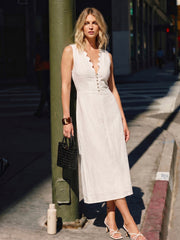 Scalloped Neckline Cotton Linen Midi Dress