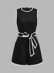 Linen Blend Scallop Trim Belted Romper