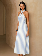 Striped Cotton Halter Maxi Dress