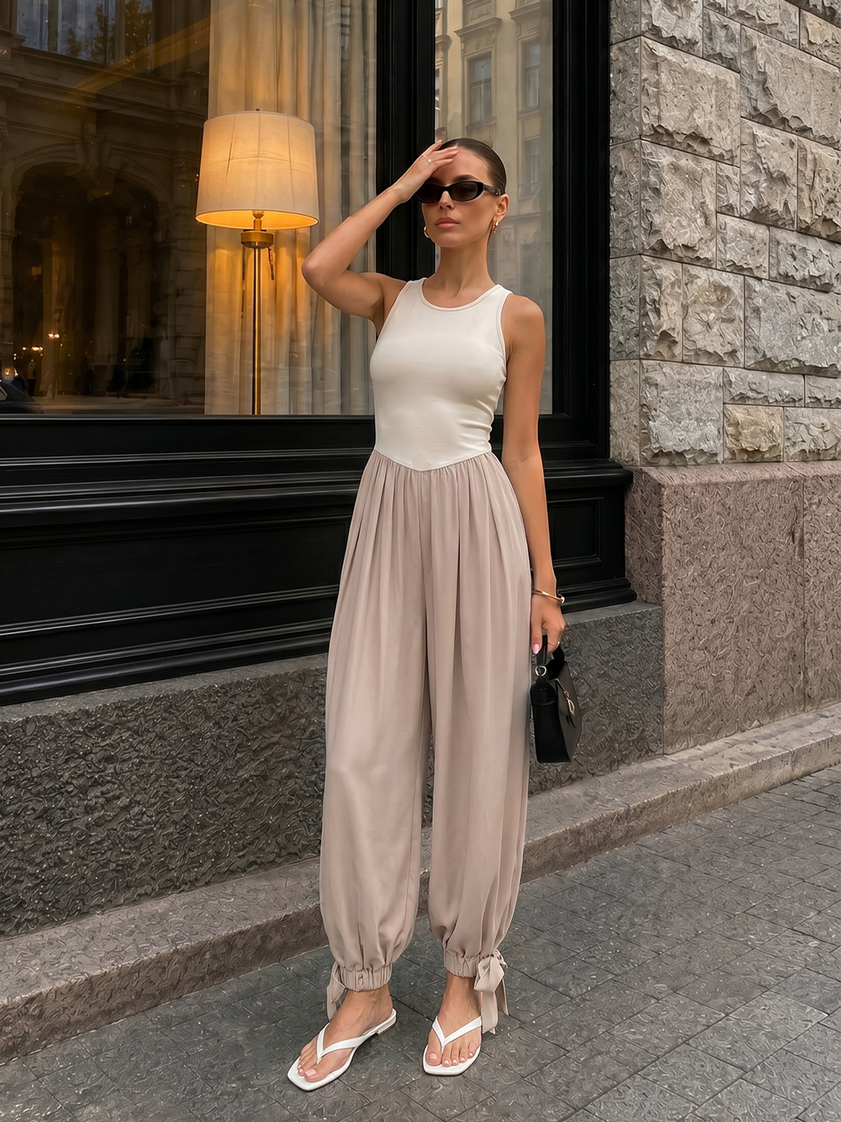Two-Tone Sleeveless Tie Cuff Balloon Jumpsuit